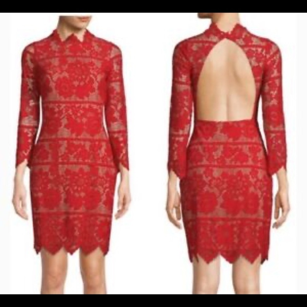 For Love & Lemons Rosetta Open Back Long Sleeve Red Lace High Neck - Picture 1 of 11